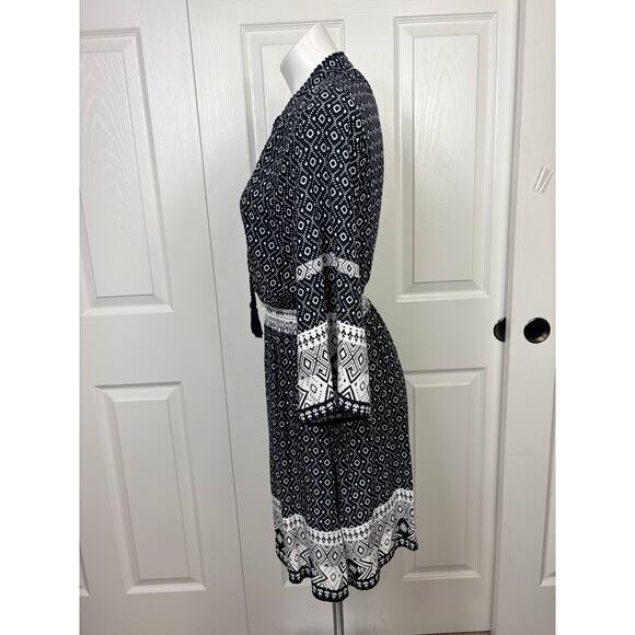 H&M Black and White Bohemian Style Dress Size 6 Elastic Waistband 3/4 Sleeve - Picture 4 of 7